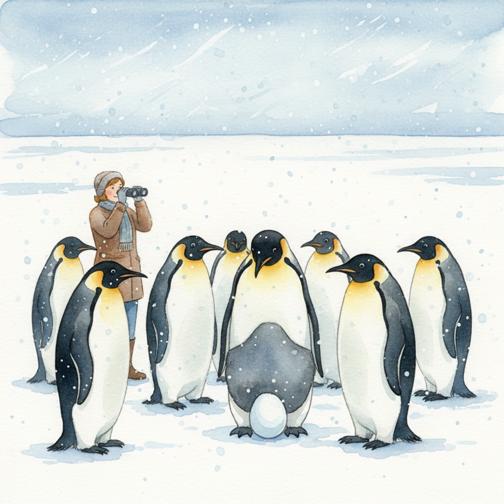 Venturing further inland, the landscape changes to vast sheets of flat white ice where the majestic Emperor penguins reside. Mrs Carlton uses binoculars to watch a tall Emperor penguin carefully balancing an egg on its feet, keeping it warm under a fold of skin. The scene captures the quiet dignity of these large birds standing huddled together against the swirling snow.