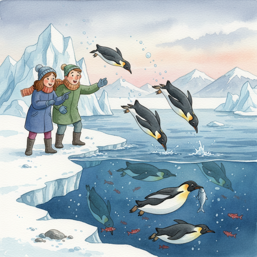 It is lunch time for the penguins, and the teachers watch in awe from a safe distance near the water's edge. They see the penguins transform from clumsy walkers into graceful swimmers, diving like torpedoes into the dark, icy ocean to catch krill and fish. Miss Ryder points out the silver flash of fish scales in a penguin's beak as it surfaces.