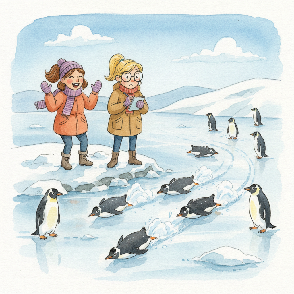 The teachers learn about how penguins move, observing a group of Gentoo penguins tobogganing on their bellies across the slick ice. Mrs Carlton laughs and mimics the motion with her hands, while Miss Ryder takes notes on how sliding saves the penguins energy. The scene is dynamic and playful, with trails of disturbed snow marking the penguins' slide paths.