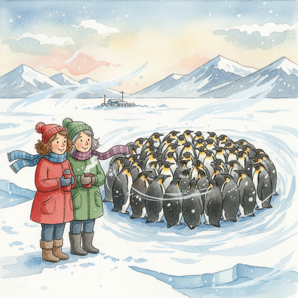 As the wind picks up, the teachers witness the incredible huddling behavior of the penguins to stay warm. They see hundreds of birds packed tightly together, rotating slowly so that every penguin gets a turn in the warm center. Miss Ryder and Mrs Carlton huddle together too, sipping hot cocoa from a thermos, admiring the penguins' teamwork.