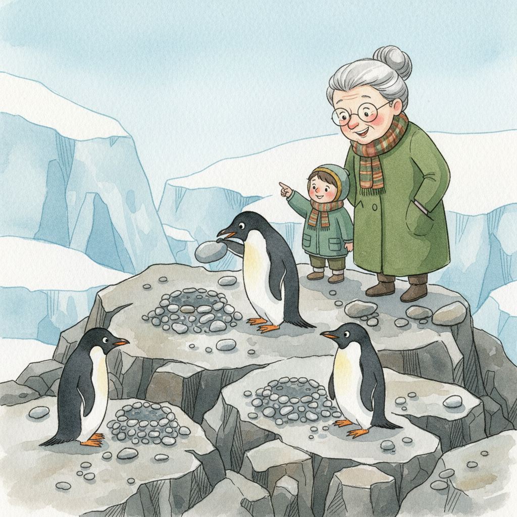 Curious about where penguins live, the pair explores a rocky outcrop where some penguins build nests out of pebbles. They watch a cheeky penguin stealing a smooth stone from a neighbor's pile to add to its own nest. Mrs Carlton shakes her head with a smile at the little thief's antics while the rocky landscape provides a textured contrast to the ice.