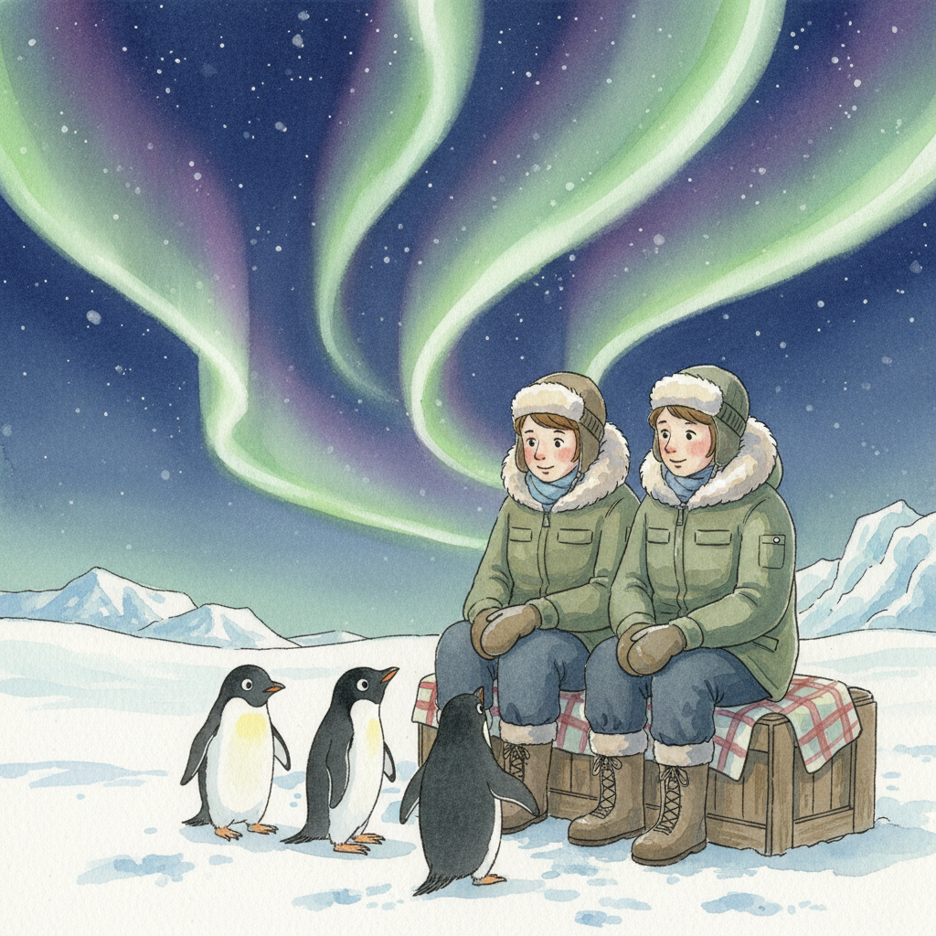 Under the magical glow of the Southern Lights, or Aurora Australis, painting green and purple ribbons across the night sky, the teachers sit quietly on their expedition crates. A few curious penguins approach them, tilting their heads inquisitively. The scene is peaceful and luminous, highlighting the bond between the humans and the wildlife.