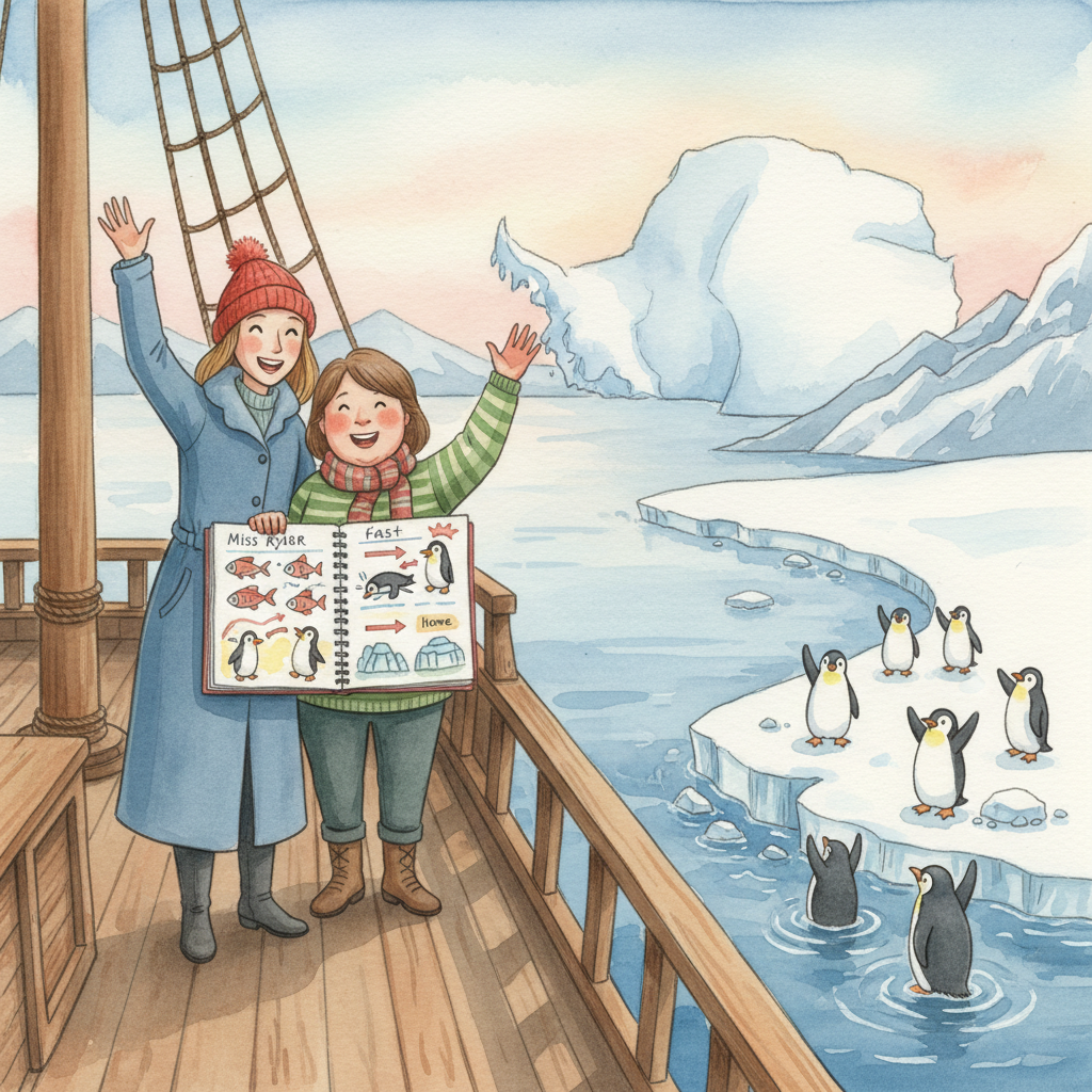 Their adventure complete, Miss Ryder and Mrs Carlton stand on the deck of their ship, waving goodbye to their feathered friends on the shore. They hold up a finished scrapbook filled with drawings and facts about what penguins eat, how they move, and where they live. The vast white continent fades into the distance, leaving them with memories of a lifetime.