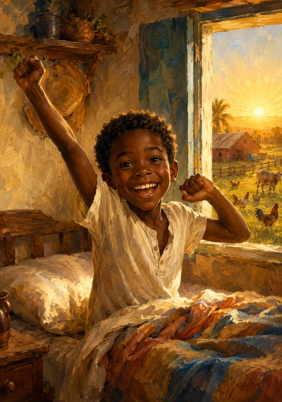 As the golden sun began to peek over the horizon, eight-year-old Pepín, with his deep black skin and bright smile, woke up with a burst of energy. It was Saturday morning, the best time of the week on their beautiful, bustling farm.