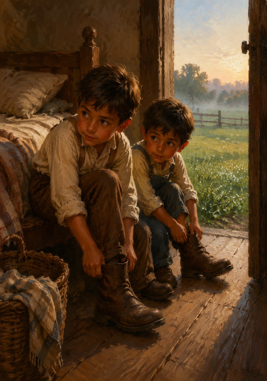 Together, the two brothers crept quietly out of their cozy bedroom, trying not to make a sound as they put on their sturdy farm boots. Outside, the morning air was crisp, and the dew glistened like tiny diamonds on the green grass.