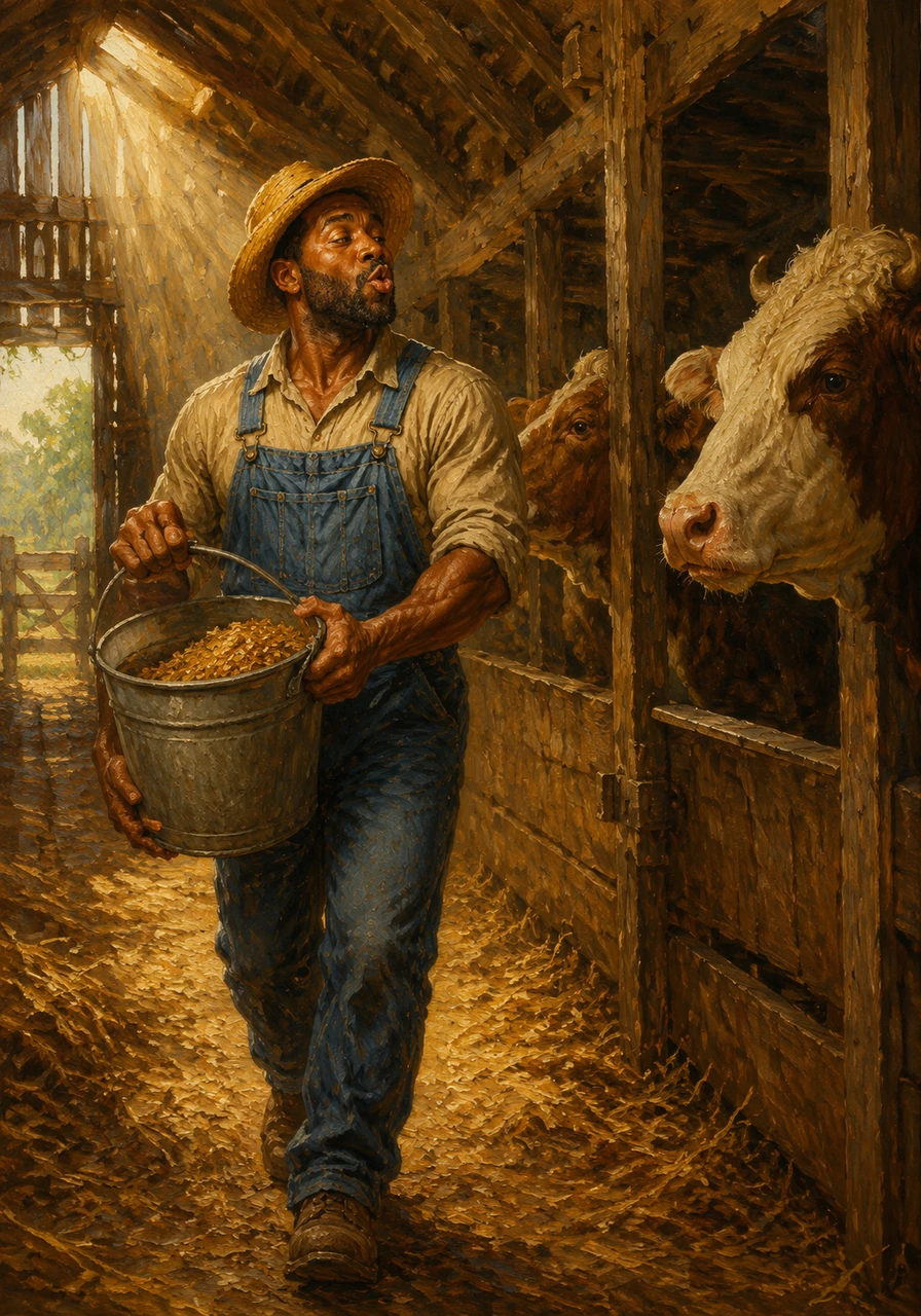 Meanwhile, their father, Pepo, a kind man with strong arms and dark skin, was already in the barn wearing his favorite overalls. He carried a heavy bucket of feed, ready to greet the farm's biggest animals with a cheerful whistle.
