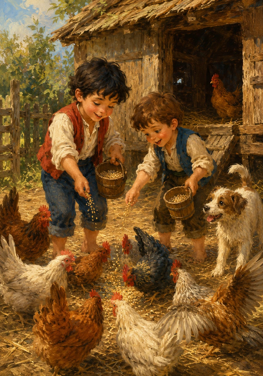 Pepín and Bebecín grabbed their small wooden buckets and headed straight for the chicken coop, where a chorus of eager clucks awaited them. The colorful hens fluttered their wings in excitement as the boys approached with breakfast.