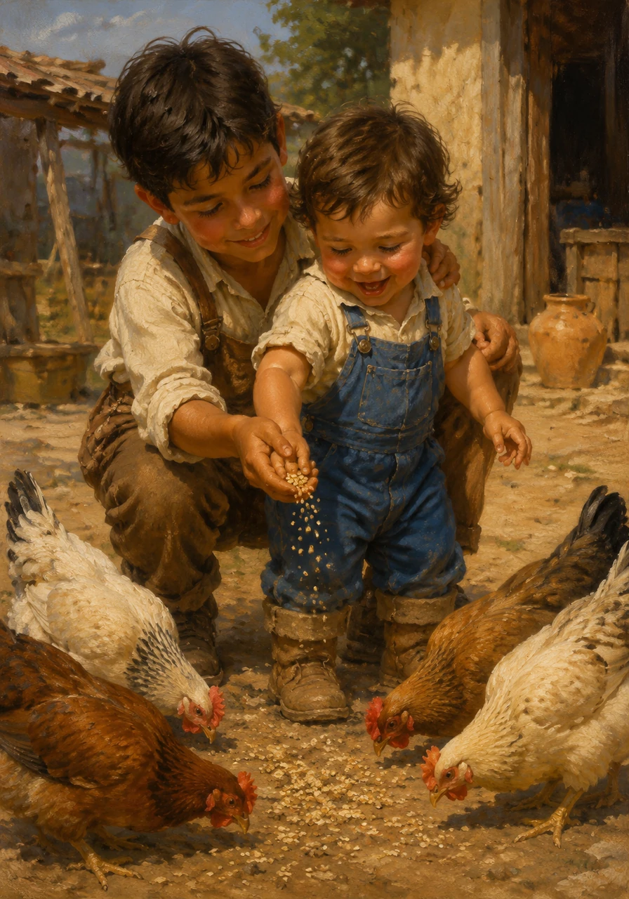 With a practiced hand, Pepín showed his little brother how to scatter the grain evenly across the dusty ground. Bebecín giggled with pure delight as the fluffy chickens crowded around his tiny boots, pecking happily at the treats.
