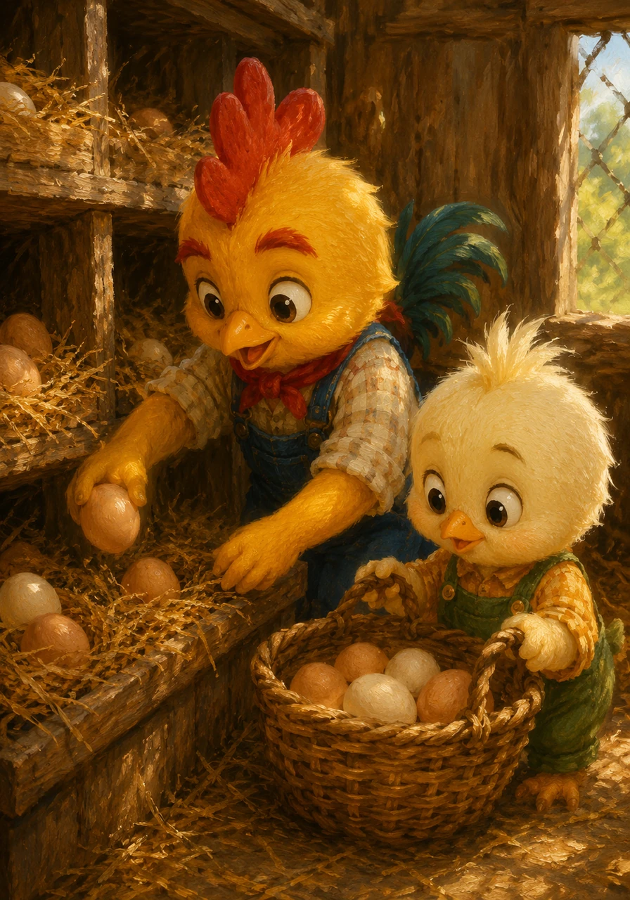 Inside the cozy coop, Pepín carefully reached into the straw nests to gather the freshly laid, warm eggs. Bebecín held the basket steady with both hands, focusing very hard so not a single egg would wobble or break.