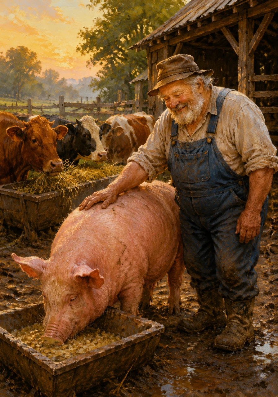 Over in the muddy paddock, Papa Pepo gave a affectionate pat to the big, pink sow, who grunted happily while enjoying her morning mash. The cows stood nearby in the sweet-smelling hay, chewing contentedly as Pepo filled their troughs.