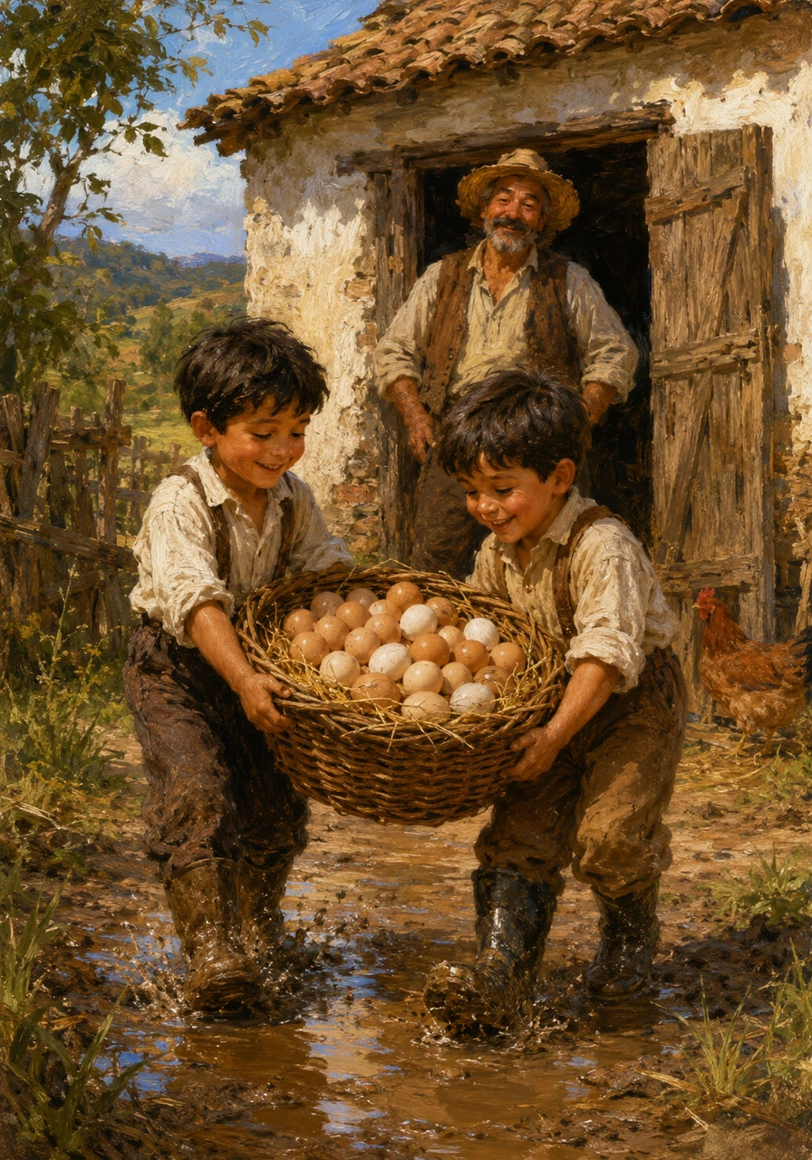 With the chores successfully finished, the brothers proudly carried their full basket of eggs toward the farmhouse, their boots splashing in a tiny puddle. Papa Pepo watched them from the barn door, a warm, proud smile spreading across his face.