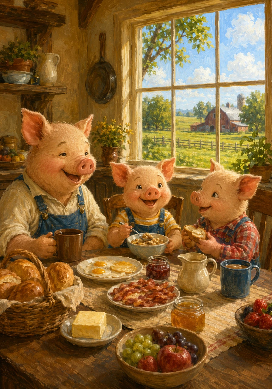 The family gathered at the wooden kitchen table just as the sun climbed high into the sky, filling the room with warmth. Together, they shared a delicious breakfast, ready to enjoy the rest of their beautiful weekend on the farm.