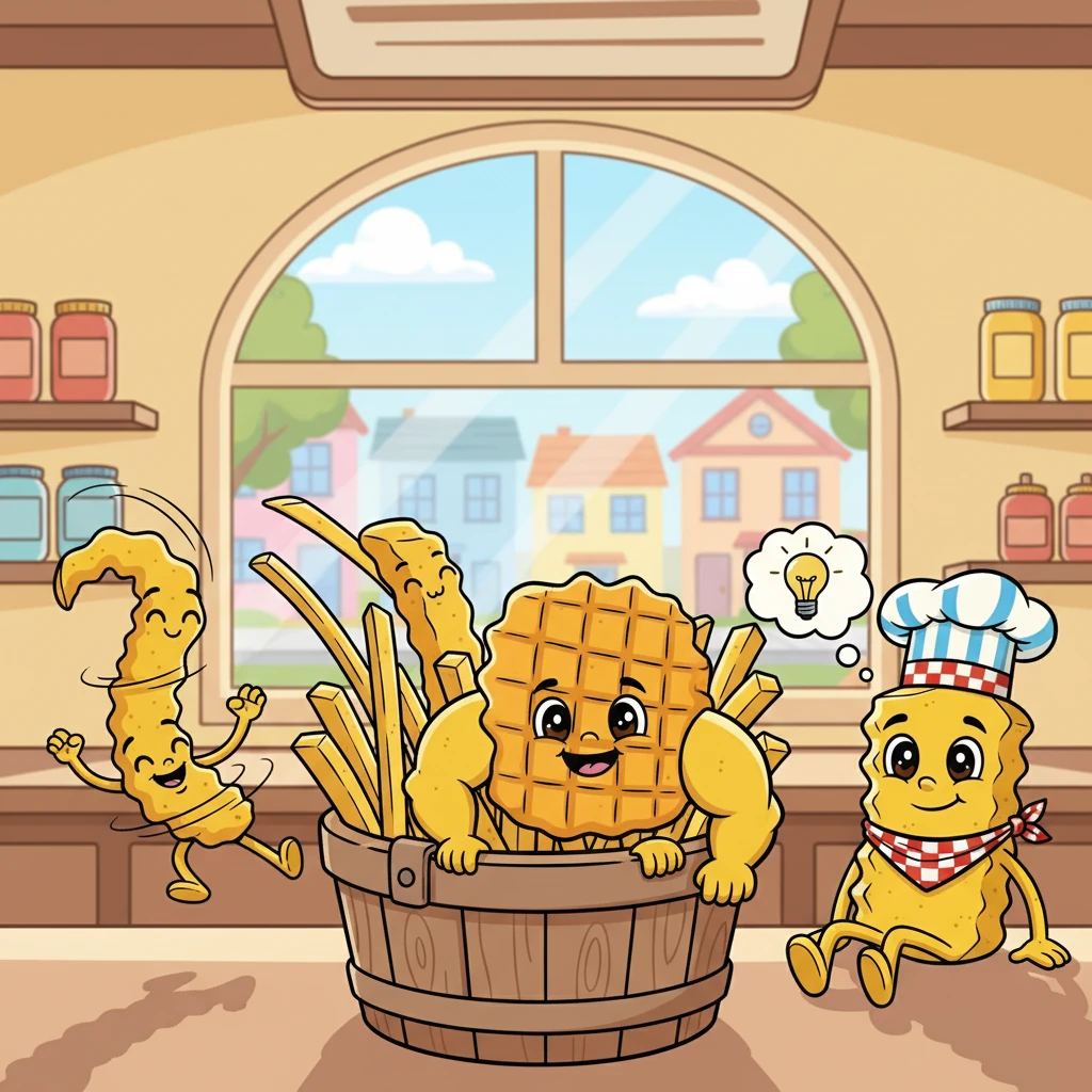 In Sunny's Snack Shack, nestled on a sunny street, lived a basket of French fries. Curly loved to twist and twirl, Shoestring was always speedy, and Waffle was large and lovely. Then there was Crinkle, who liked things calm and quiet, often taking extra time to think.