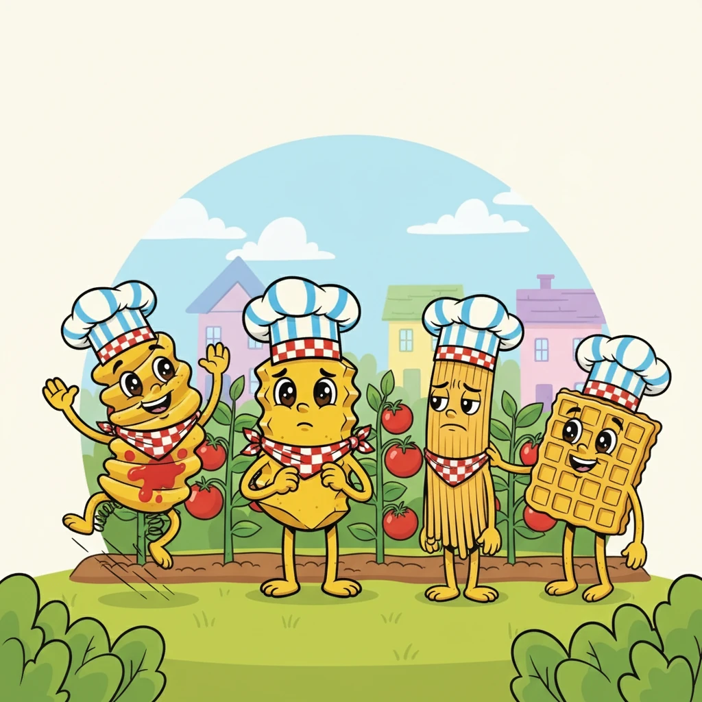 Curly bounced with energy, eager to play ketchup tag, but Crinkle gently shook his head. "It's too loud for me," he said. Shoestring frowned, but Waffle offered a kind solution. They understood that everyone had their own pace and preferences.