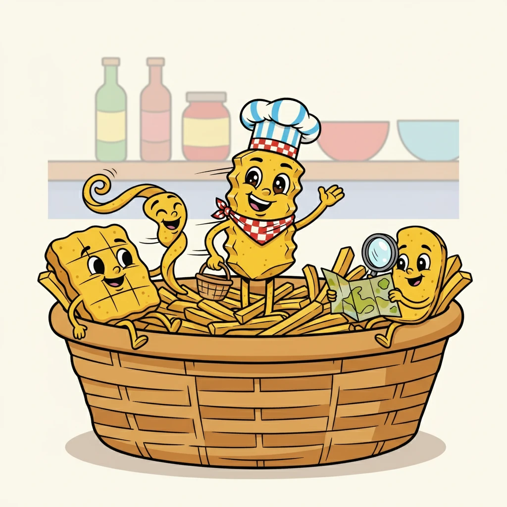 The fries spent their days chatting and laughing, each bringing their unique qualities to the basket. Curly's twists brought joy, Shoestring's speed was helpful, Waffle provided a comfy place to rest, and Crinkle's thoughtful nature helped them solve problems.