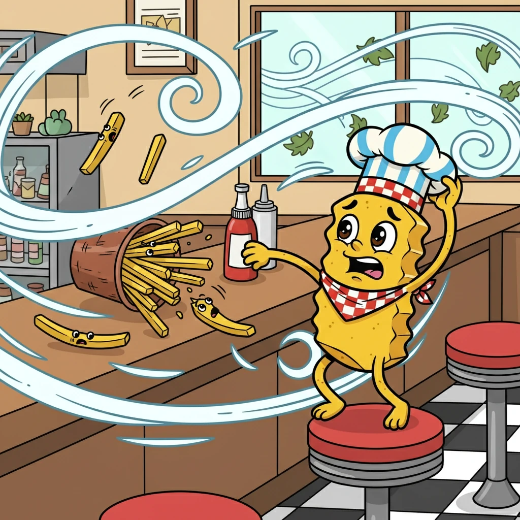 One blustery day, a strong wind swept through the diner, scattering the fries across the counter! Panic surged as they realized they were separated from their cozy basket and each other.