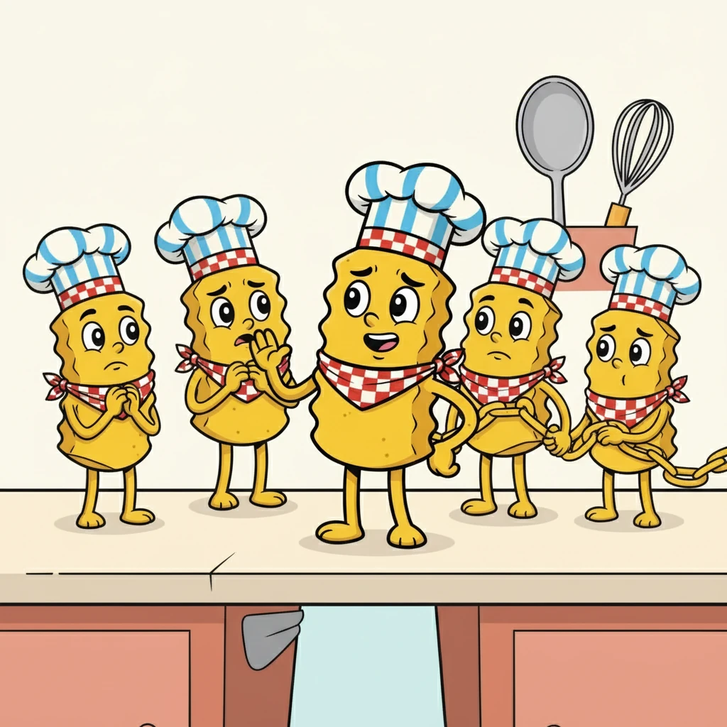 Shoestring cried out in worry, "We'll never get back!" But Crinkle took a deep breath. "If we move one at a time, we can make a fry chain," he suggested, his voice calm and steady.