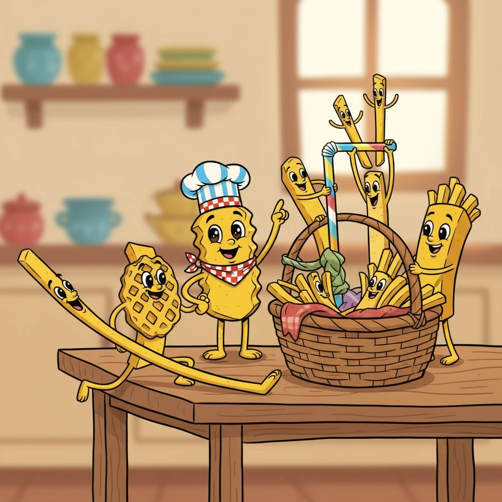 Working together, Curly twisted around a straw, Shoestring led the way, Waffle lifted the smaller fries, and Crinkle guided them home. They cheered when they were back in their basket, understanding that their differences made them stronger, a family of fries.