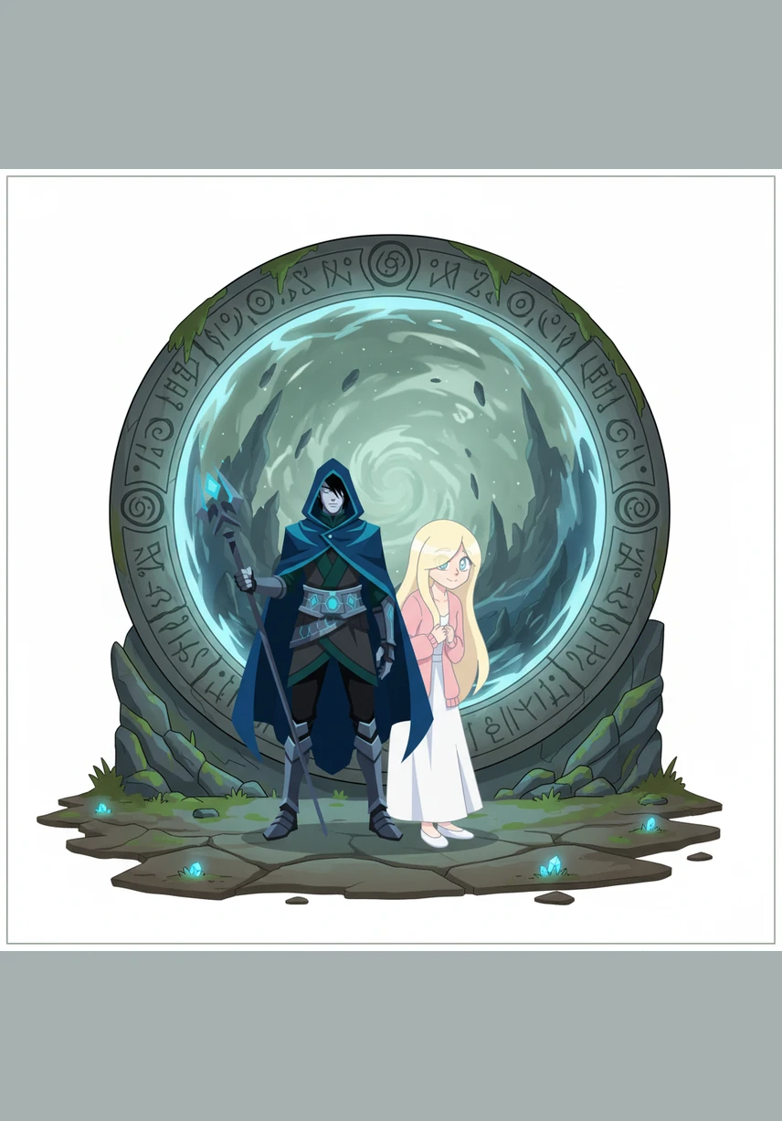 Salem and Rowan stand before the massive, rusted iron gates of Blackwood Manor, their breath hitching in the cold air. Salem adjusts her black headphones over her bun, while Rowan’s blonde hair flutters in the unsettling breeze as they gaze at the looming estate.