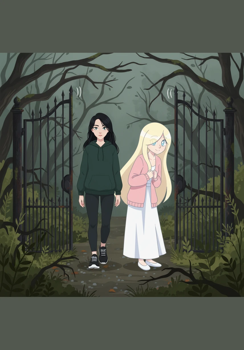 The heavy gates creak open with a piercing groan, revealing a path choked with overgrown weeds and gnarled trees that seem to reach out for them. The girls walk side-by-side, Salem’s sturdy Nike shoes crunching on the gravel while Rowan clutches her pink cardigan tightly against the sudden chill.