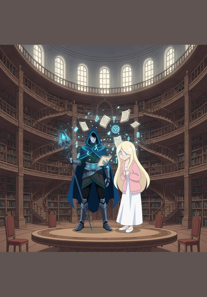 While exploring the vast, circular library, Salem finds an old, leather-bound ledger resting on a velvet pedestal, its pages filled with cryptic notes and dates. Rowan looks over her shoulder, her blue eyes wide with a mixture of intense curiosity and growing dread.