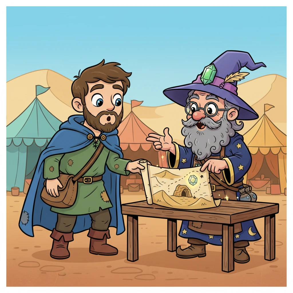 Barnaby, a spry and curious man, leans in conspiratorially as an old desert merchant whispers a tale. The merchant gestures wildly towards a map, describing a lost Philosopher's Stone hidden deep within the sandy dunes, a legendary artifact that turns anything it touches into shimmering gold. Barnaby's eyes widen with dreams of untold riches.