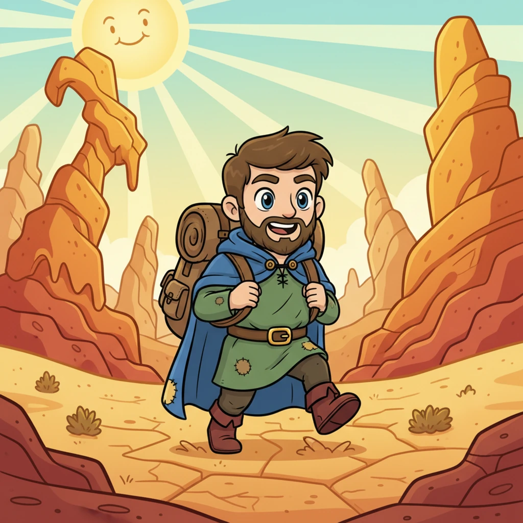 Driven by excitement and the promise of a golden future, Barnaby sets off into the vast, sun-drenched desert. He wears a sturdy backpack and a determined grin, his polished belt buckle gleaming under the bright sun. Towering, whimsical rock formations rise around him as he begins his grand quest.