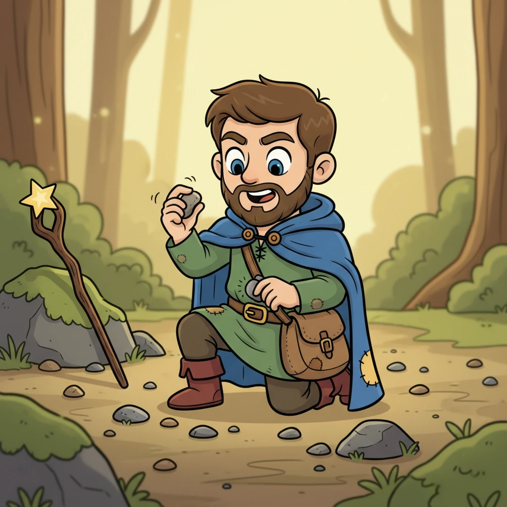 Unsure of the stone's exact appearance, Barnaby meticulously picks up every pebble he finds. With a hopeful expression, he rubs each one against his belt buckle, scrutinizing it closely for any magical transformation. He works with focused concentration, believing each new stone could be the one.