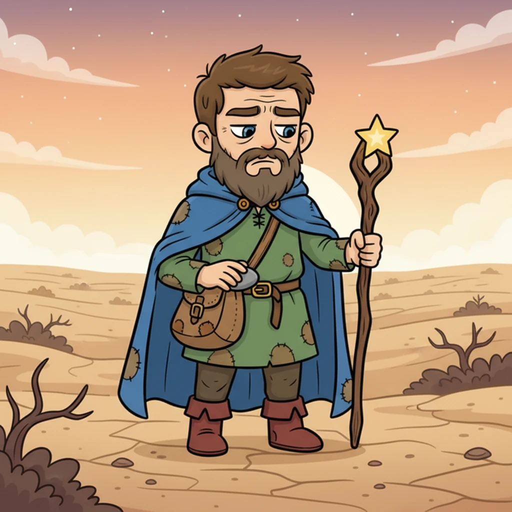 Days turn into weeks, then months, and eventually years. Barnaby's once bright clothes are now worn, and his cheerful grin has faded into a tired, focused frown. He walks with a weary slump, the automatic motion of rubbing pebbles against his buckle becoming a monotonous habit, his eyes fixed on the endless horizon.