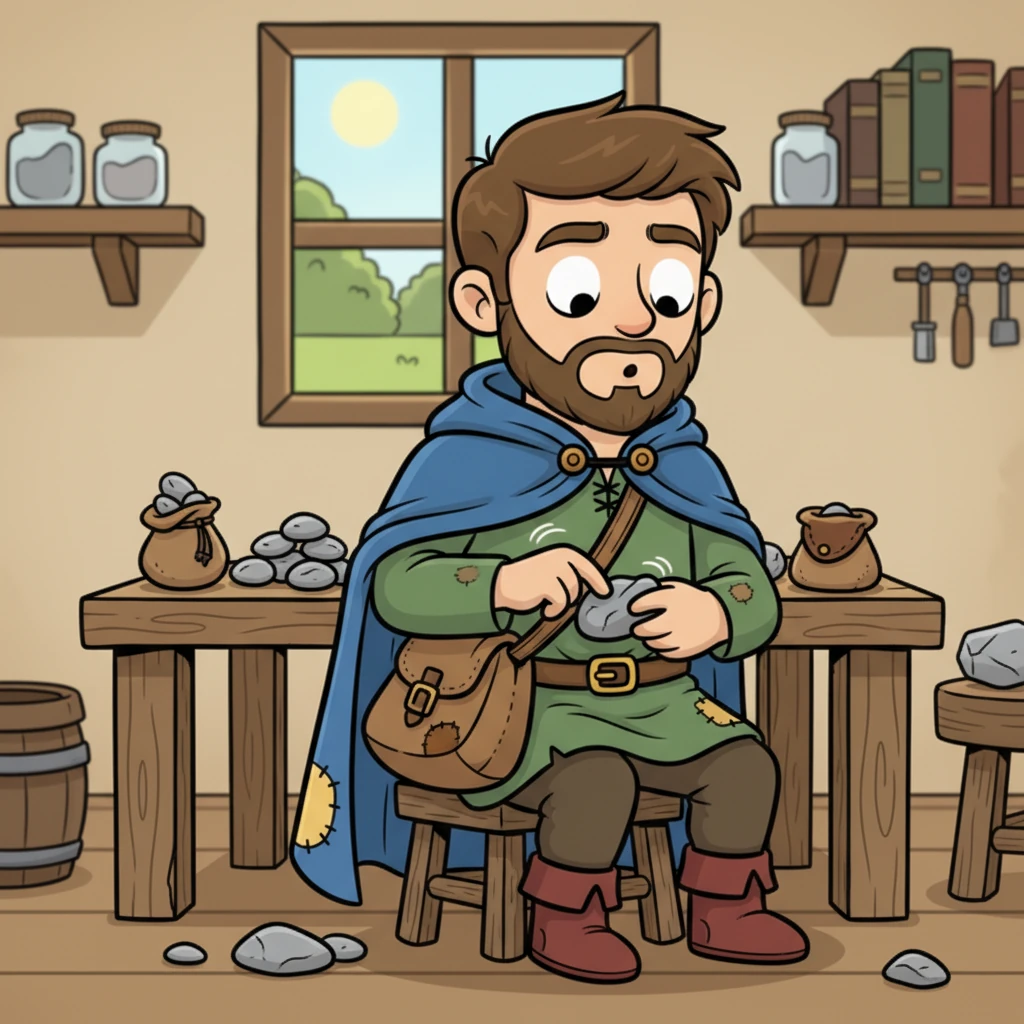 The process has become entirely mechanical. Barnaby's hand, weathered and tanned, drops one ordinary pebble and immediately picks up another without a glance. He rubs it against his belt buckle, his gaze distant and unfocused, completely lost in the repetitive task, no longer truly seeing what he is doing.