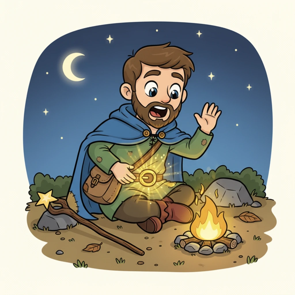 One quiet evening, as Barnaby rests by his small campfire, he casually reaches for his belt buckle. His eyes snap wide open, his jaw dropping in utter shock. The buckle, once shiny silver, now glows with the unmistakable luster of pure, magnificent gold!