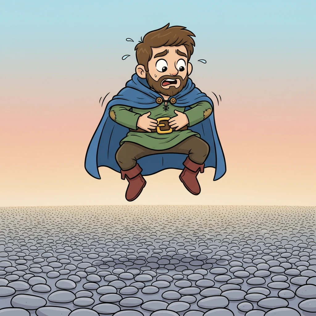 Barnaby jumps up, frantically looking around at the countless, identical pebbles scattered across the desert floor. He clutches his golden buckle, a mix of bewilderment and regret on his face. He has no idea which of the thousands of stones caused the transformation, or when the miracle actually happened.