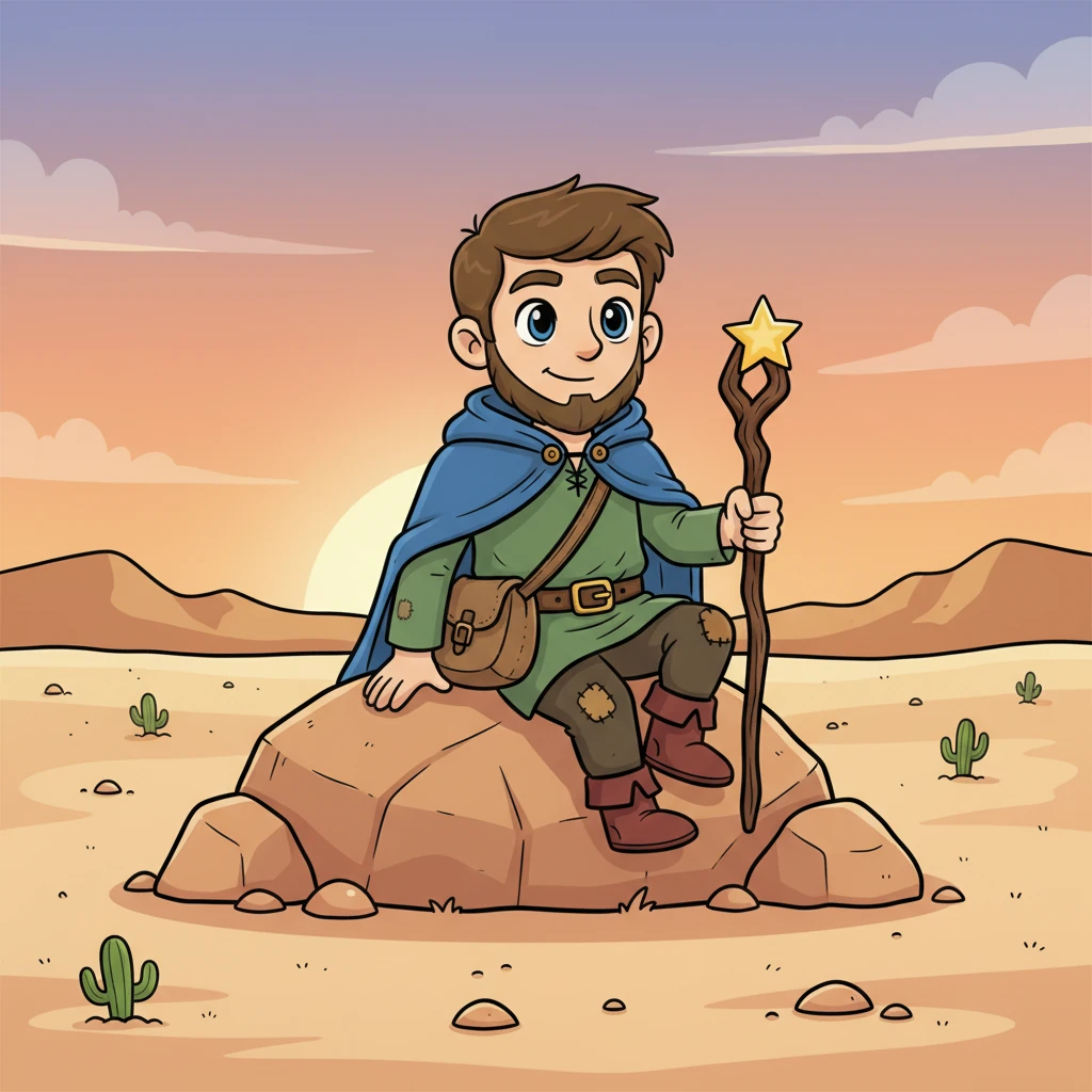 Barnaby sits quietly on a smooth, warm rock, his golden buckle now fastened around his waist. He gazes out at the tranquil desert, a gentle, knowing smile gracing his lips. He finally understands that he found the treasure, but in his mechanical pursuit, he missed the magic of the moment itself, learning a valuable lesson about the journey.