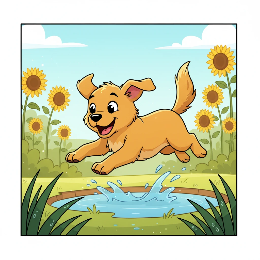 Zoom burst out the back door, a blur of fur streaking across the dewy grass in the garden. She weaved through tall sunflowers and leaped over small puddles left from the morning's sprinklers, her tail held high in excitement.