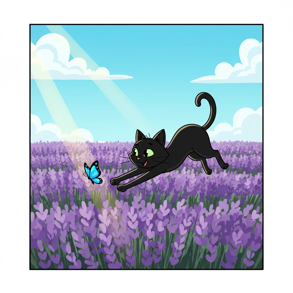 A vibrant blue butterfly fluttered past, catching Zoom's attention. With a playful pounce and a burst of speed, she chased it through a patch of fragrant lavender. The butterfly danced just out of reach, leading her on a merry chase.