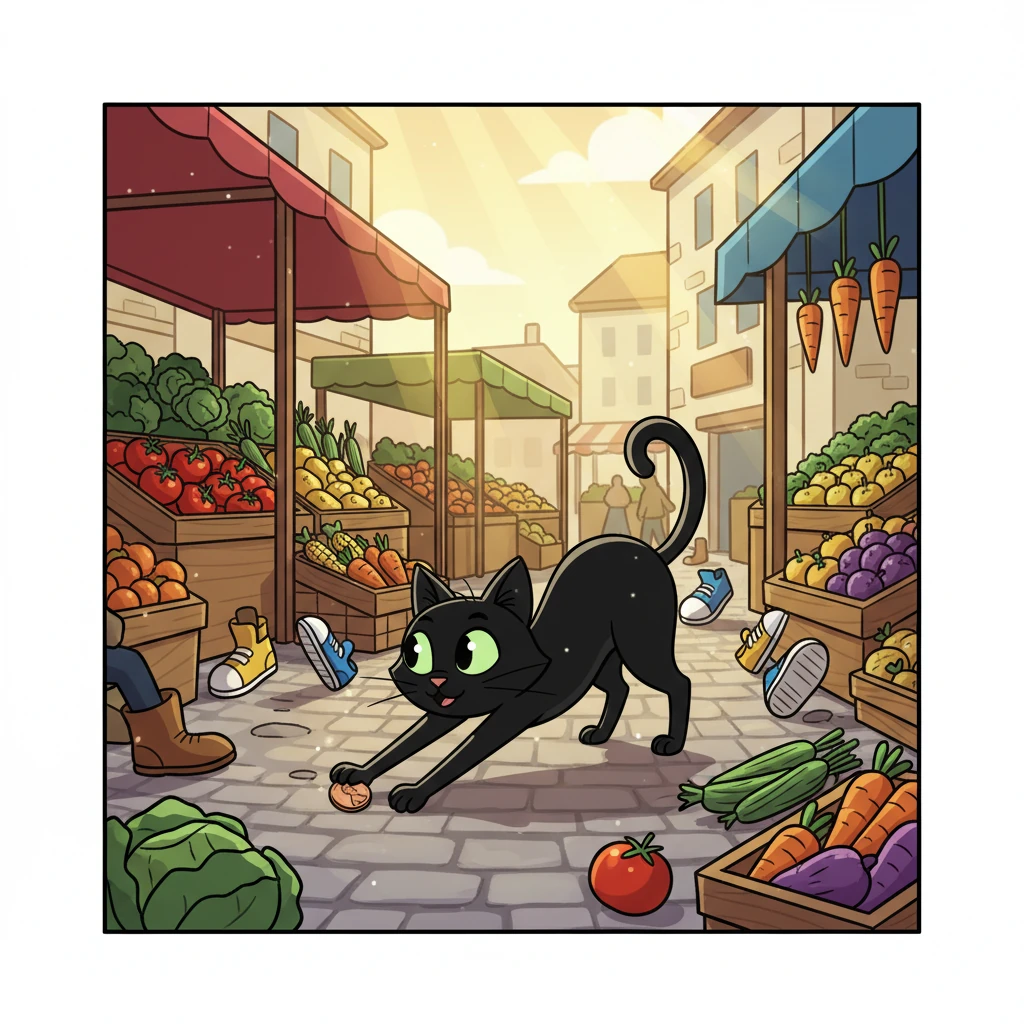 Her paws carried her into the bustling town square, where market stalls overflowed with colorful goods. Zoom expertly dodged busy feet and rolling vegetables, a silent, agile shadow moving through the crowd, enjoying the vibrant chaos.