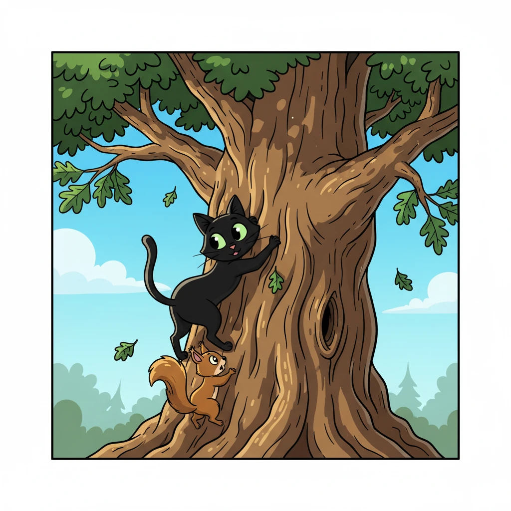 Suddenly, a fluffy squirrel darted up an ancient oak tree. Zoom, ever the hunter, scaled the rough bark with impressive speed, her claws gripping tightly. She reached a high branch, peering down with curious, sparkling eyes.