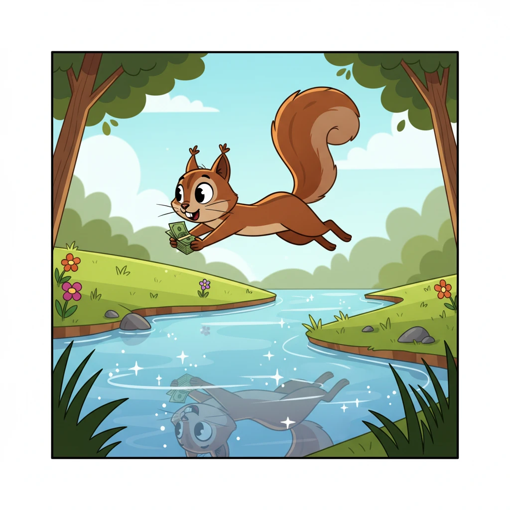 From the tree, she spotted a sparkling stream. With a confident leap, Zoom sailed gracefully over the water, landing softly on the opposite bank. Her reflection winked up at her from the clear, cool surface.