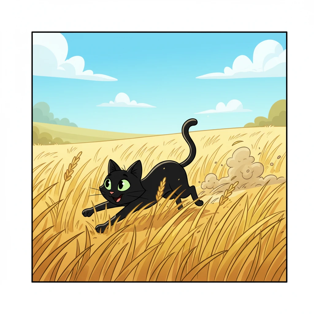 She continued her journey through a vast field of golden, swaying grass. The wind rustled through her fur as she ran, making her feel like a wild, free spirit. The open space filled her with boundless joy.