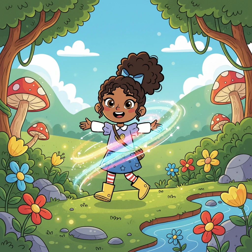 Indie, a curious young girl with bright eyes, stumbled upon a hidden portal shimmering with rainbow light. Drawn in by its allure, she stepped through, ready for an unknown adventure. The portal dissolved behind her, leaving her in a fantastical, sun-dappled glade.