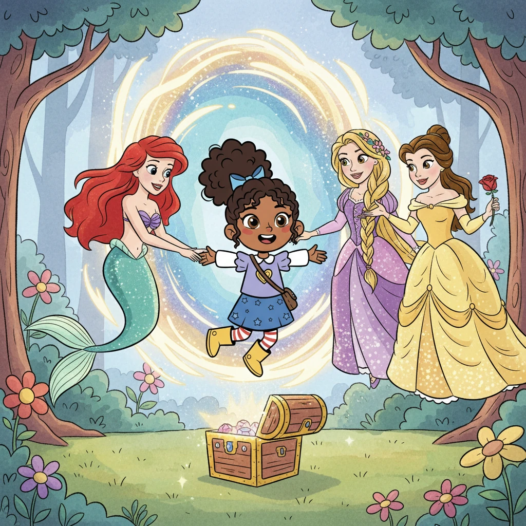Suddenly, Ariel, Rapunzel, and Belle appeared, smiling warmly at Indie. They explained they needed her help to find a lost treasure that would restore balance to their kingdoms. Indie, thrilled to be a part of their quest, eagerly agreed to join them.