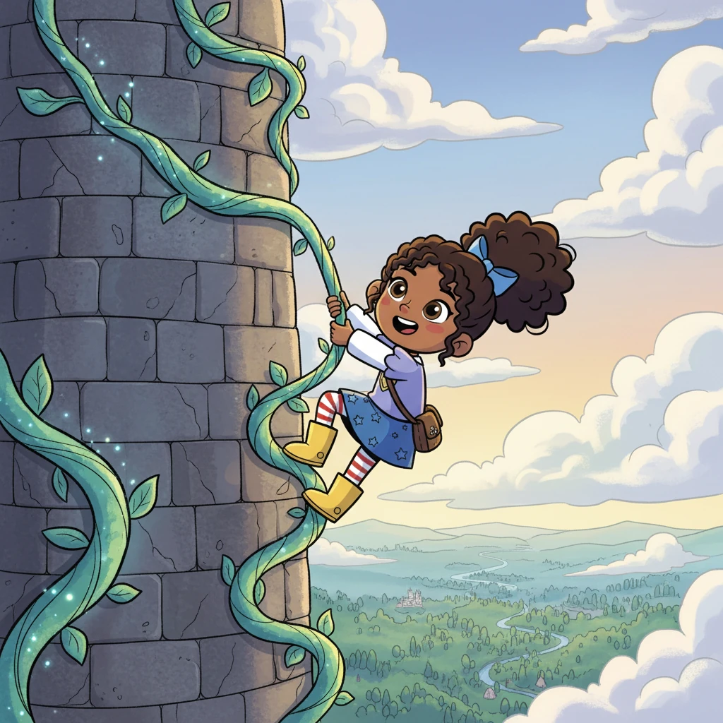 Next, they journeyed to Rapunzel's tower, now covered in glowing vines that led to the sky. They climbed the vines, laughing as they ascended toward the clouds. Indie marveled at the breathtaking view below.