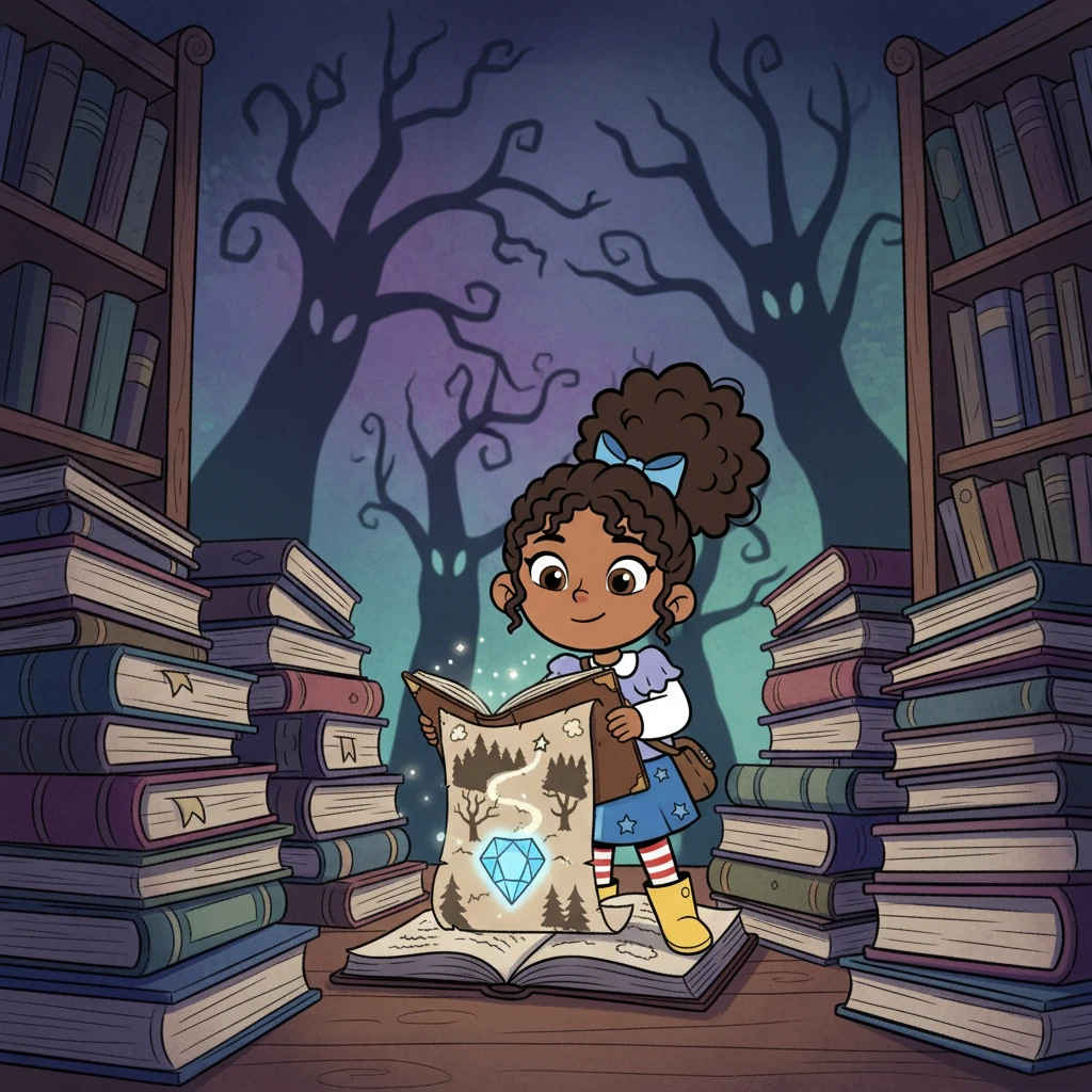 They discovered a map within a dusty old book, revealing the location of the lost treasure: a crystal heart. The map showed a dangerous path through a dark, shadowy forest.
