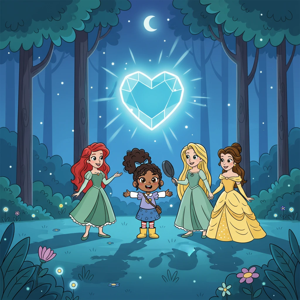 Finally, they found the crystal heart, its light illuminating the forest and restoring balance to the kingdoms. Indie, Ariel, Rapunzel, and Belle celebrated their victory, their friendship stronger than ever.