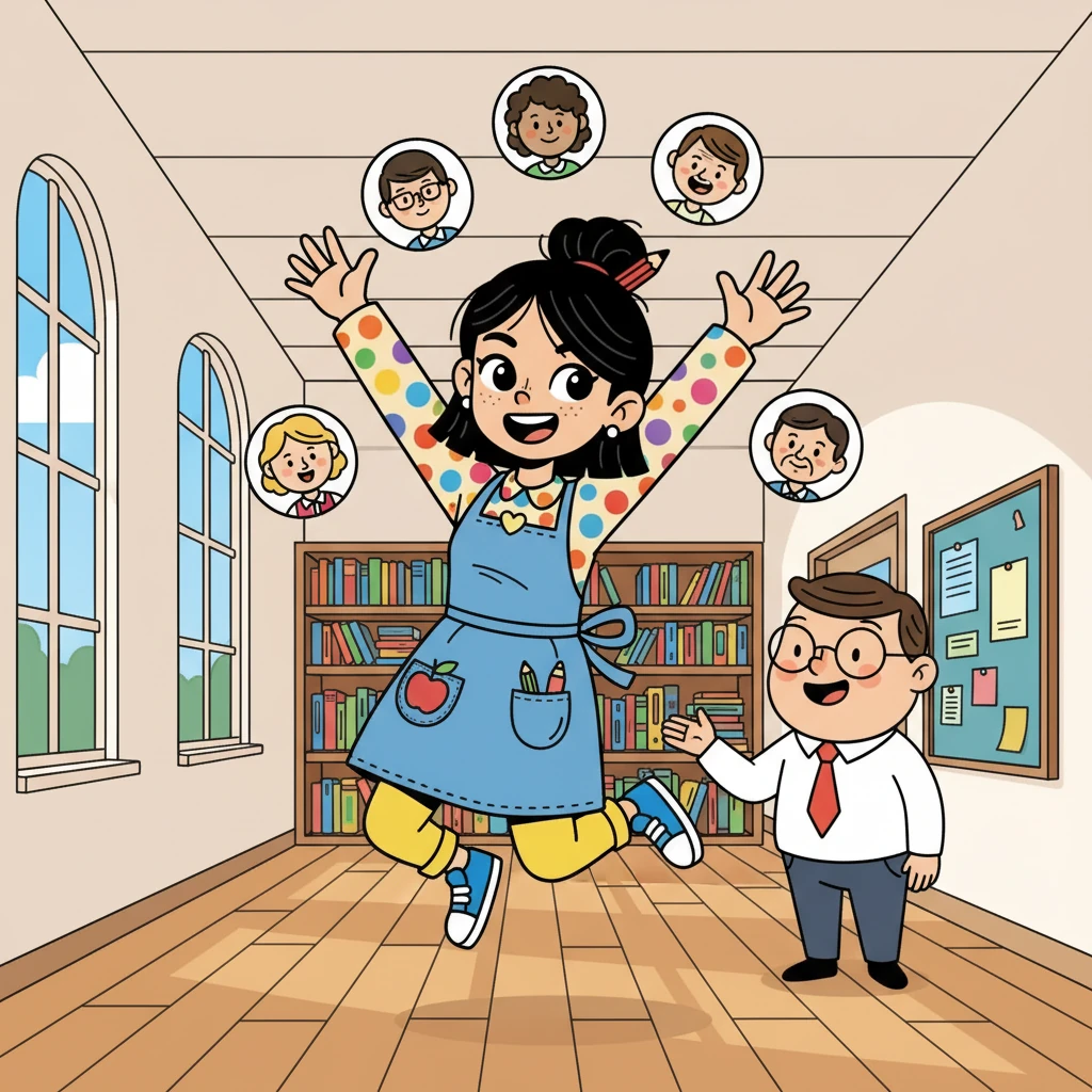 Ms. Mei loved to listen to stories, especially ones about amazing people. One day, her principal announced a special project: a storybook about three extraordinary teachers. Ms. Mei's eyes sparkled with excitement, eager to discover their inspiring journeys.