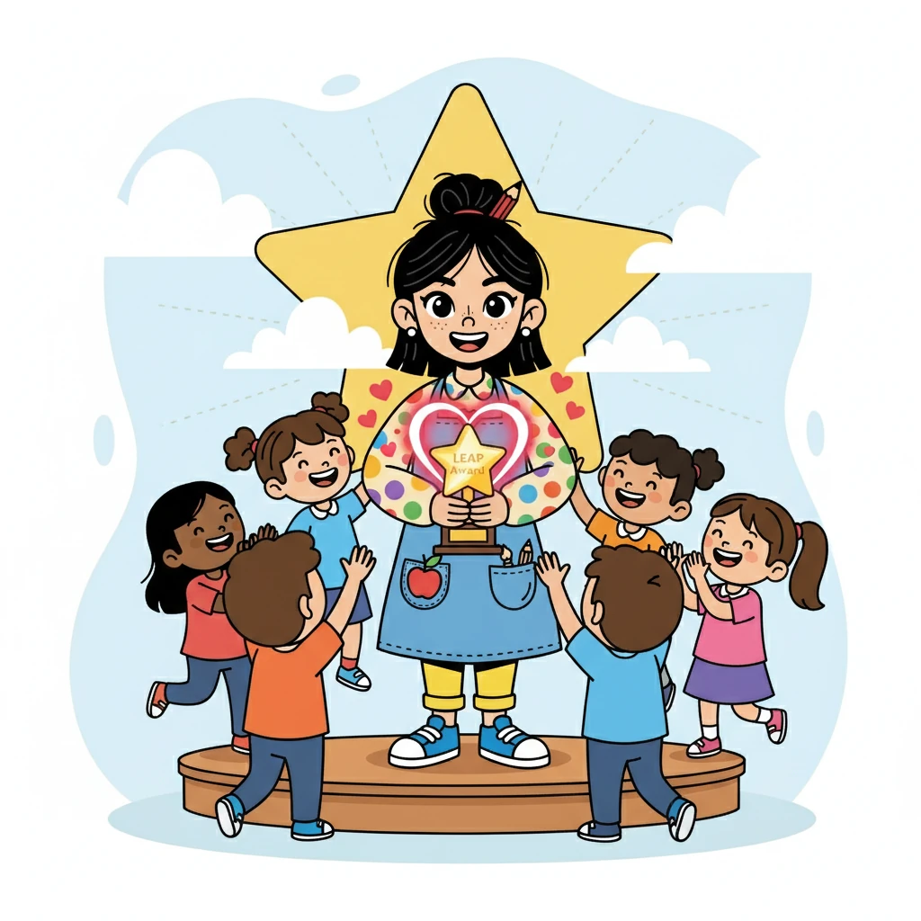 First, Ms. Mei learned about Ms. Swari, a teacher who received the LEAP Award. The image showed Ms. Swari surrounded by happy students, her heart full of love. Ms. Mei realized that Ms. Swari's belief in her students made her a true star.