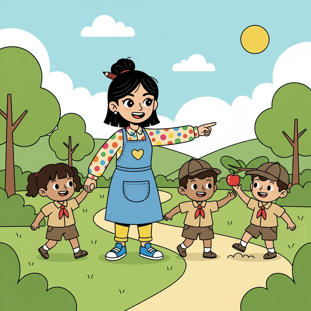 Next, the story shifted to Ms. Siti Raudha, who received the Distinguished Service Award. The illustration revealed Ms. Siti leading a group of scouts, helping others with a smile. Ms. Mei understood the importance of dedication and service.