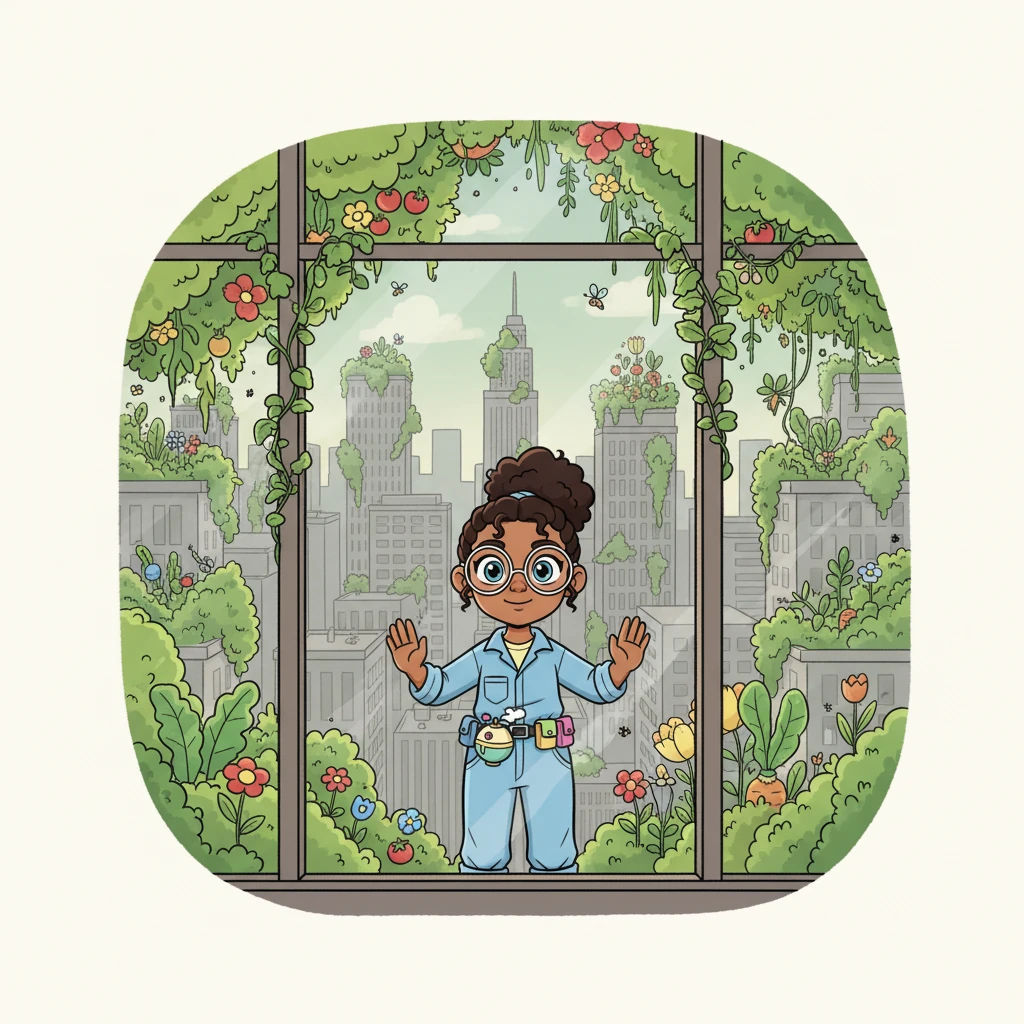 Fiona, a bright-eyed child, gazes from her window at a bustling, grey cityscape. She imagines a world bursting with green leaves and vibrant flowers, where every rooftop is a garden. Her heart yearns for fresh, delicious food to grow everywhere, even in the tallest buildings.