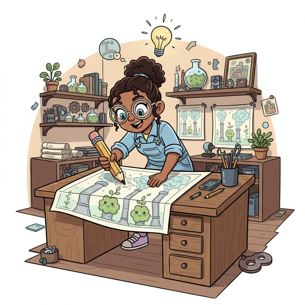 In her cozy, cluttered room filled with blueprints and tools, a lightbulb literally pops above Fiona's head! She sketches furiously, drawing strange misty machines and happy plants. It’s a brilliant idea: a farm that uses fog instead of lots of water.