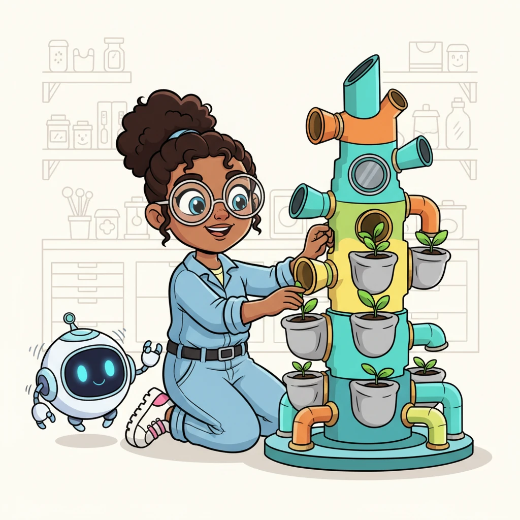 With a cheerful grin, Fiona assembles colorful pipes and nozzles into a fantastic, futuristic growing tower. She carefully places tiny plant sprouts into its soft, cozy pockets. Her little robot helper, MISTY, whirs excitedly beside her.